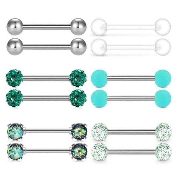 14G 316L CZ and Opal Nipple Rings - Set of 6 - Picture 1 of 7